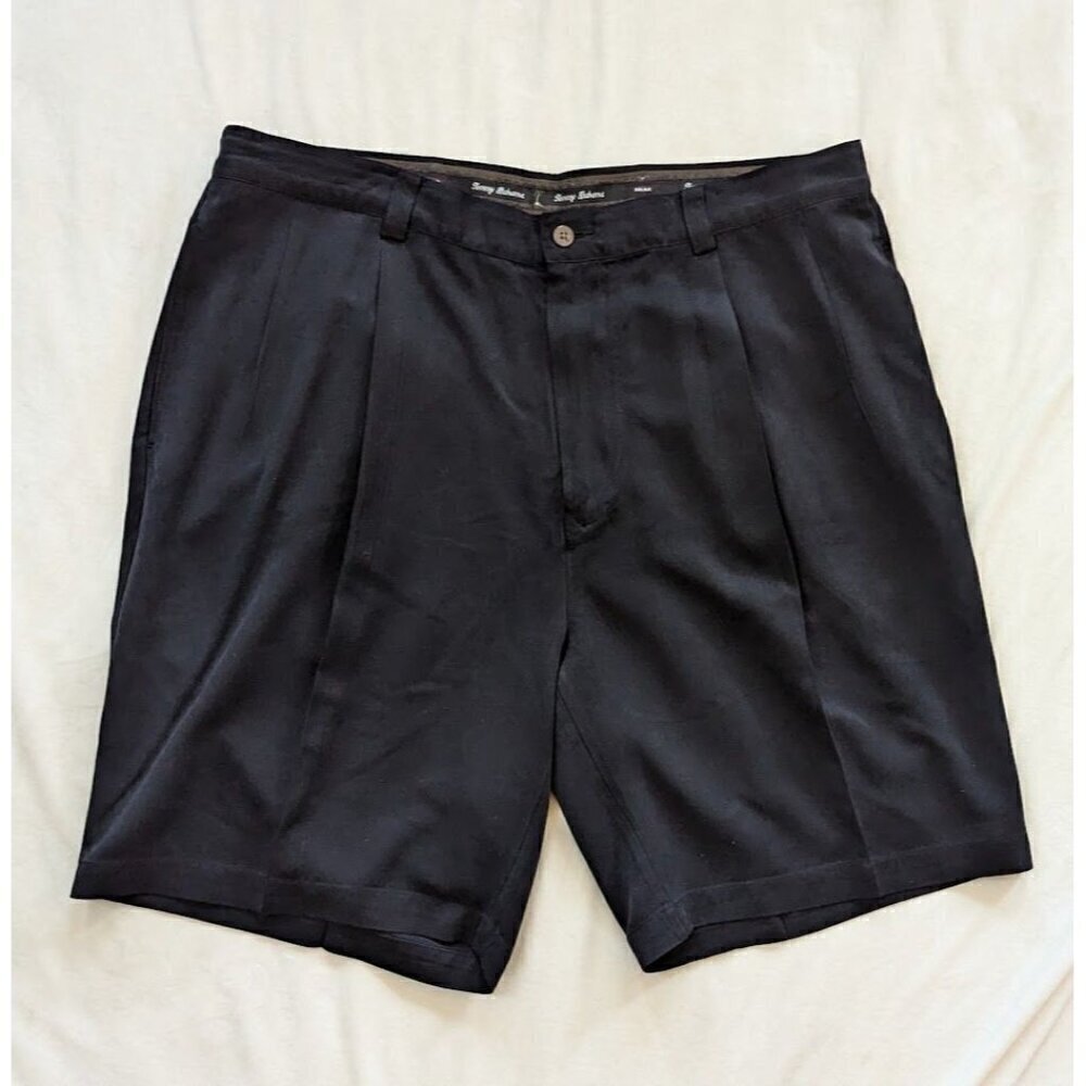 Tommy Bahama Shorts Mens 38 Black 100% Silk Pleated Chinos Lightweight Beach